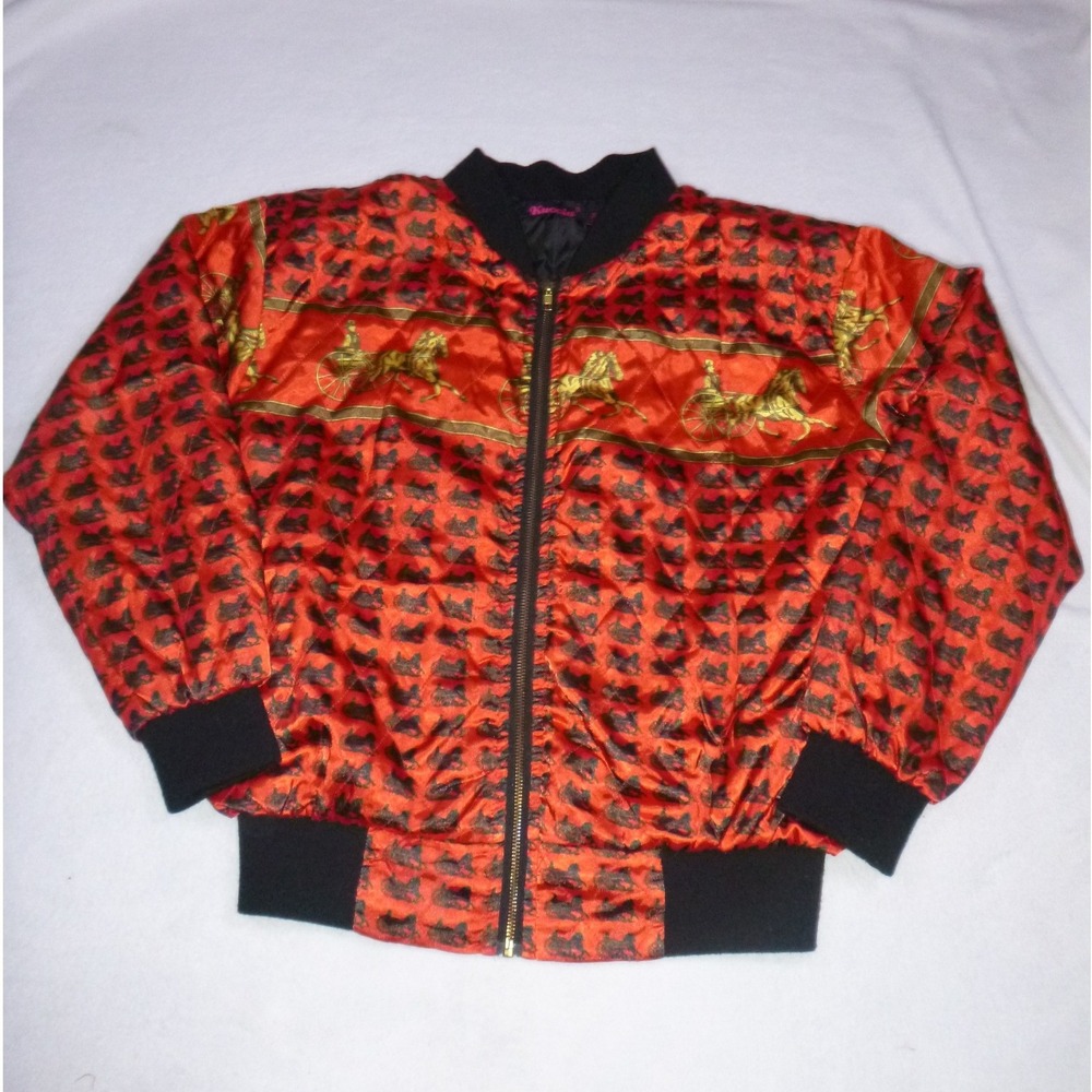 Kuccia Red Quilted Bomber Jacket Gold Horse Carriage Print Satin S/M